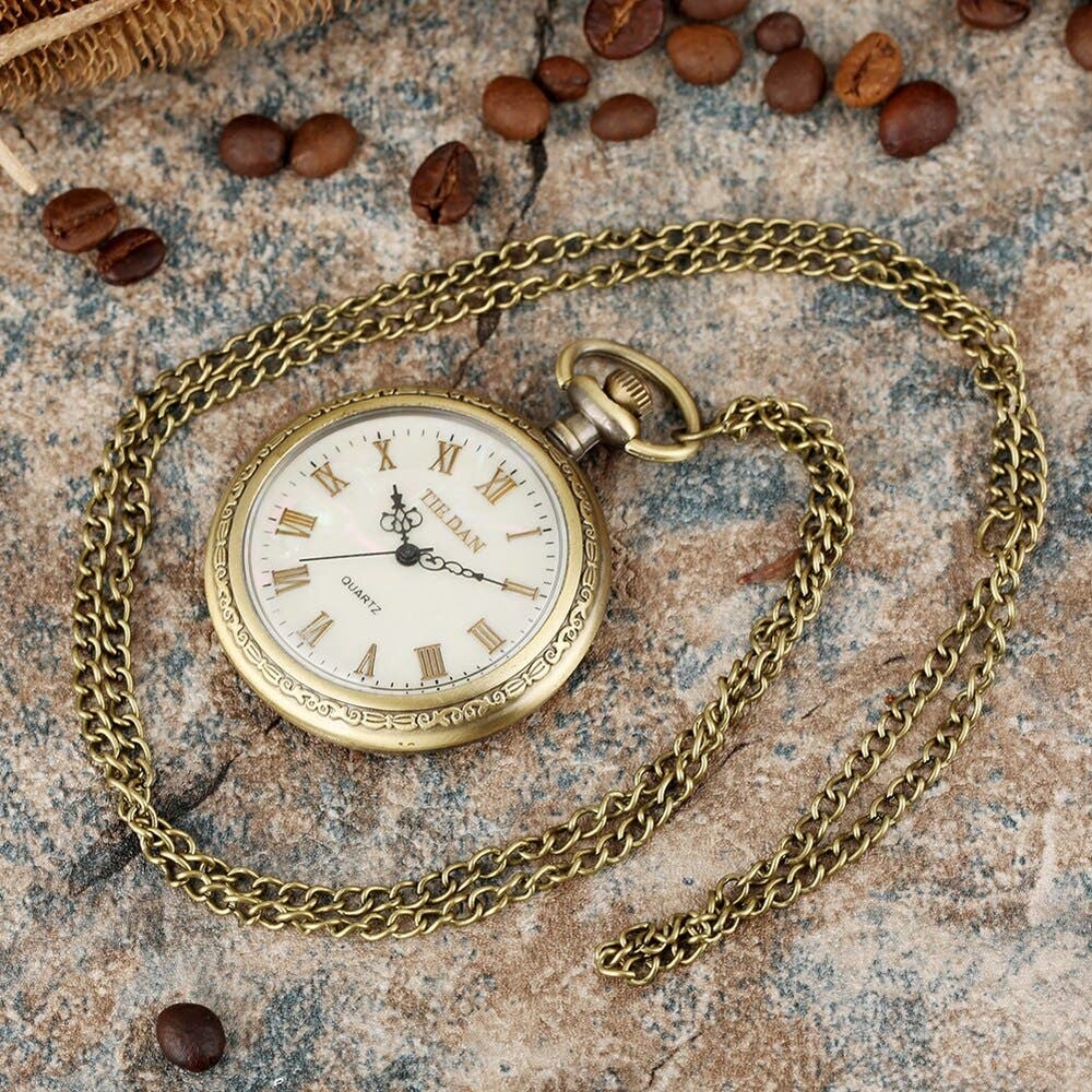 Vintage Style Shell Open Face NEW Opal Gold Numerals Pocket Watch Pendant - Picture 3 of 3